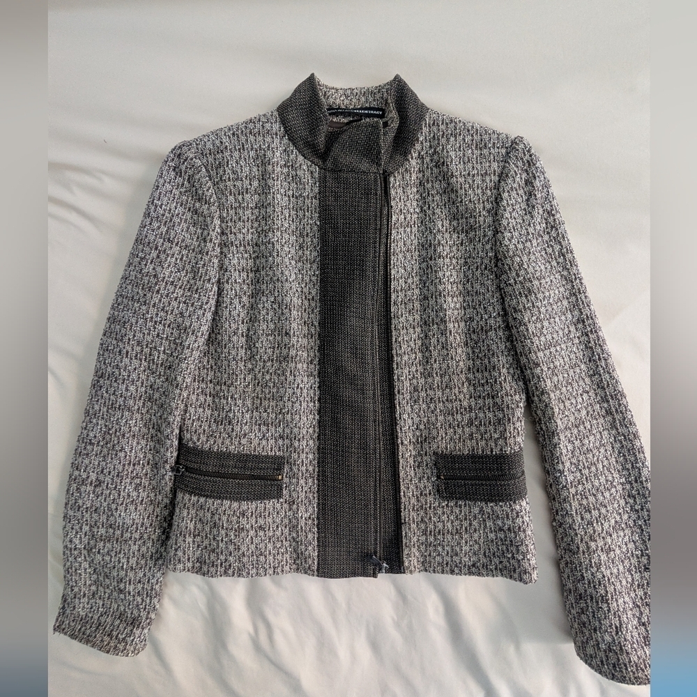 Linda Allard Ellen Tracy Tweed Jacket Blazer Wool Blend Brown Cream Zip Front Si - Picture 5 of 12